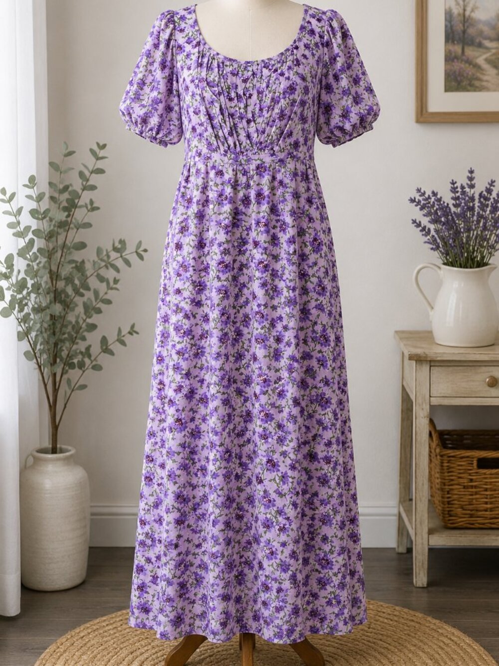 April Cornell Lavender Purple Floral Print Cottagecore Prairie Maxi Dress L NWT